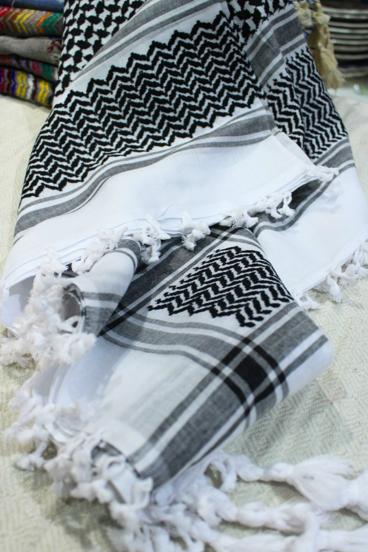 black and white keffieyeh scarf with tassels, throw kufieh 