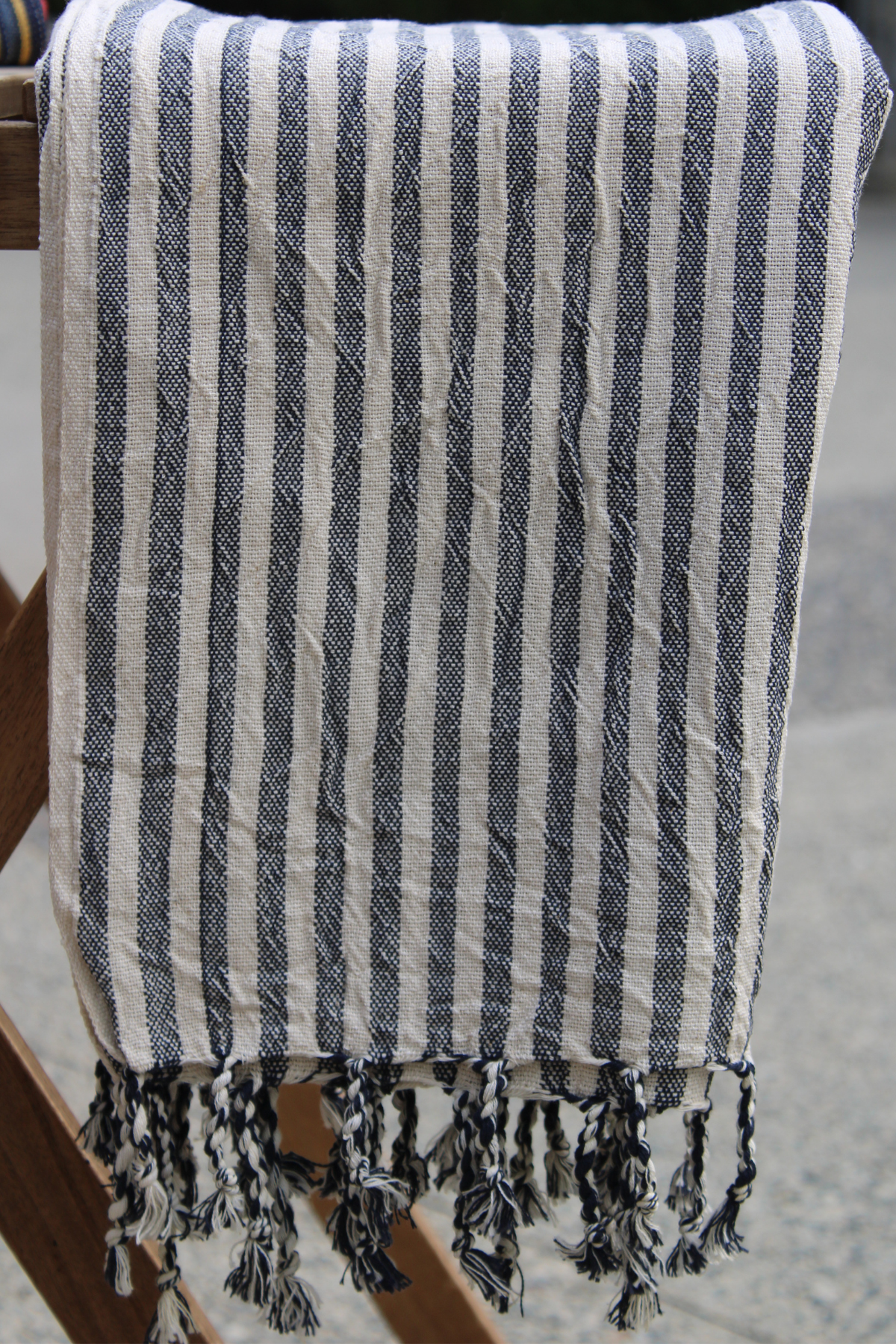 Get a detailed close-up of the vibrant black and white stripes on our Turkish Hamam Towel at Soumak Boutique, Kids Market, Vancouver, BC, Canada.