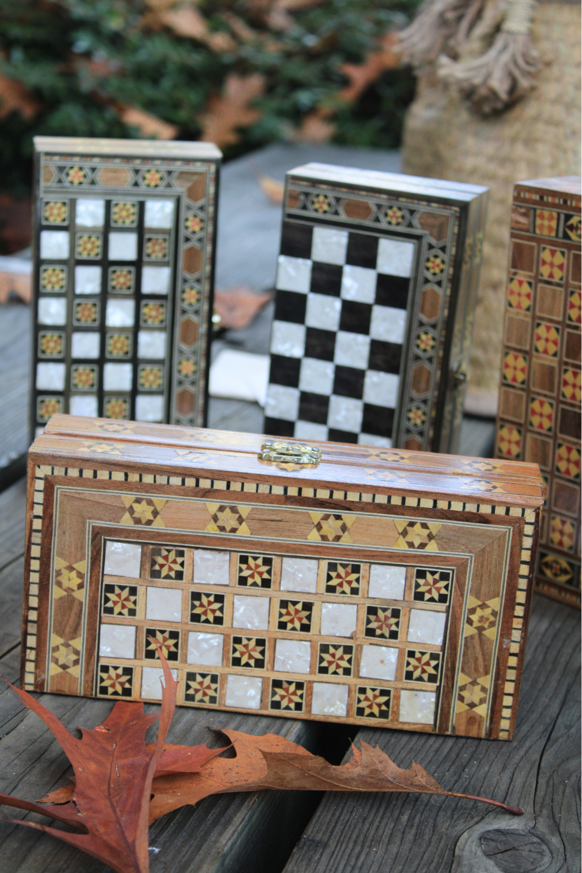 Horizontal view of the Mini Syrian Handcrafted Chess and Backgammon Board, showcasing its stunning star geometric design, perfect for travel.