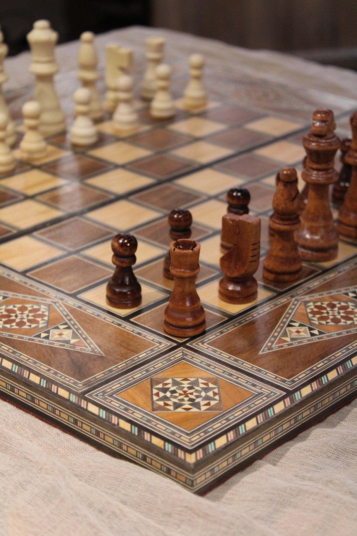 close up picture showing the wooden chess pieces 
